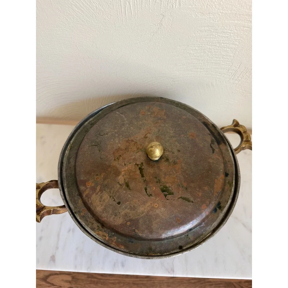 Authentic Hand-Hammered Middle Eastern Copper Cooking Pot w/Lid & Brass Handles